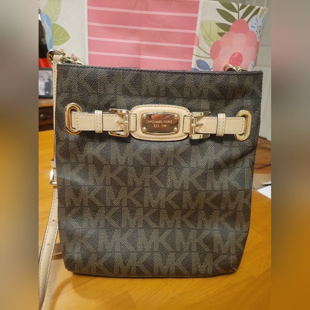 Michael Kors Brown Logo Crossbody with Cream Accents